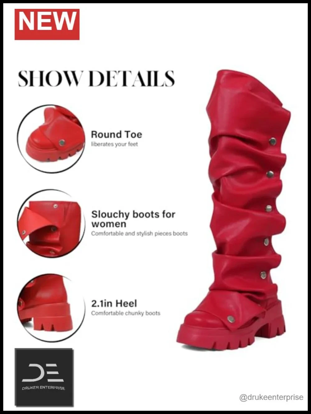 Fold Over Knee High Platform Boots Slouchy Ruched Stacked Heel Round Toe Pull